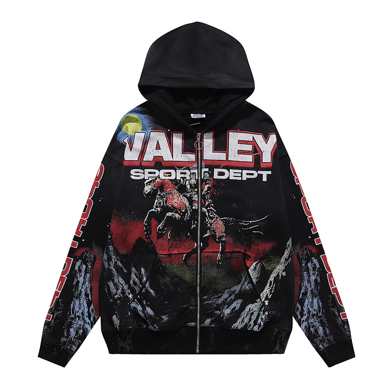 编号VA551，美潮Vale Valley Sport Dept骑士印花洗水泥印做旧连帽衫拉链开衫
