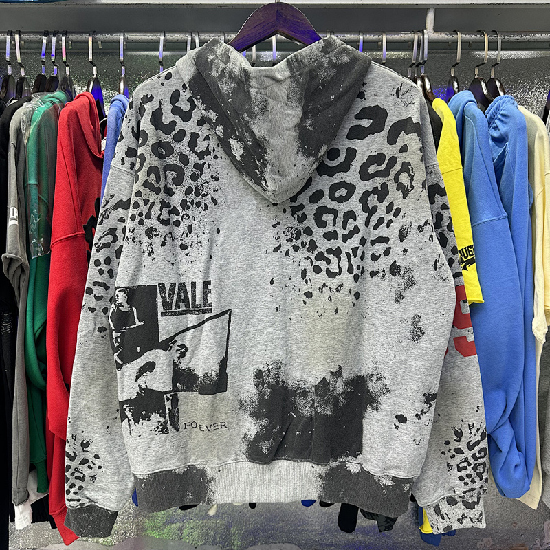 编号VA559，美潮Vale Forever Valley Cheetah豹纹迷彩印花泥印洗水做旧开衫连帽衫男女