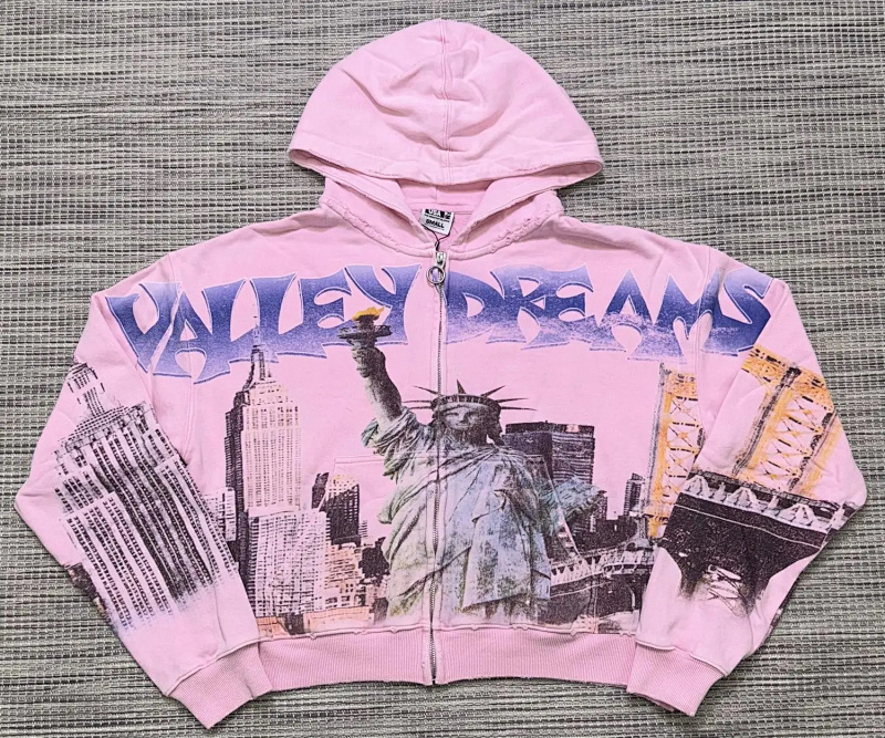 编号VA558，美潮Vale Dreams自由女神印花磨破做旧拉链开衫连帽衫男女