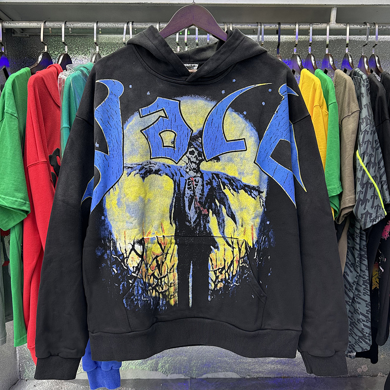 编号VA205,P105美潮Vale Valley Forever Scarecrow Pullover Hoodie稻草人印花泥印洗水做旧毛圈连帽衫卫衣男女