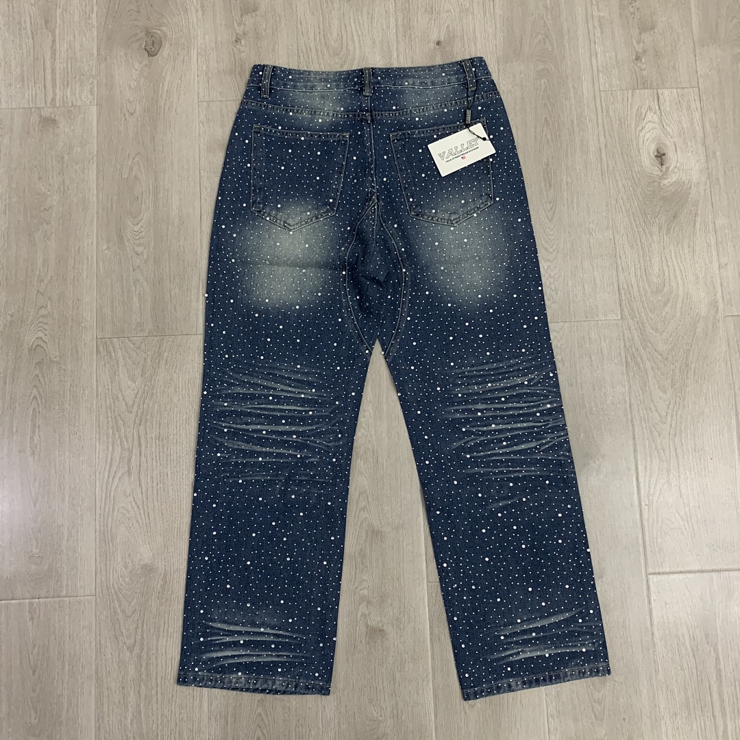 V802# P138 Vale Forever RAIN CLASSIC DENIM最新时尚潮牌满身烫钻破洞牛仔