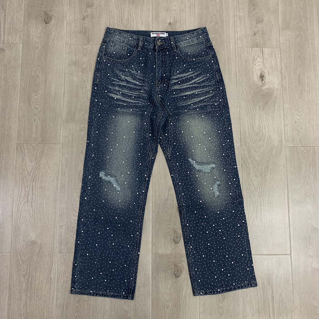 V802# P138 Vale Forever RAIN CLASSIC DENIM最新时尚潮牌满身烫钻破洞牛仔