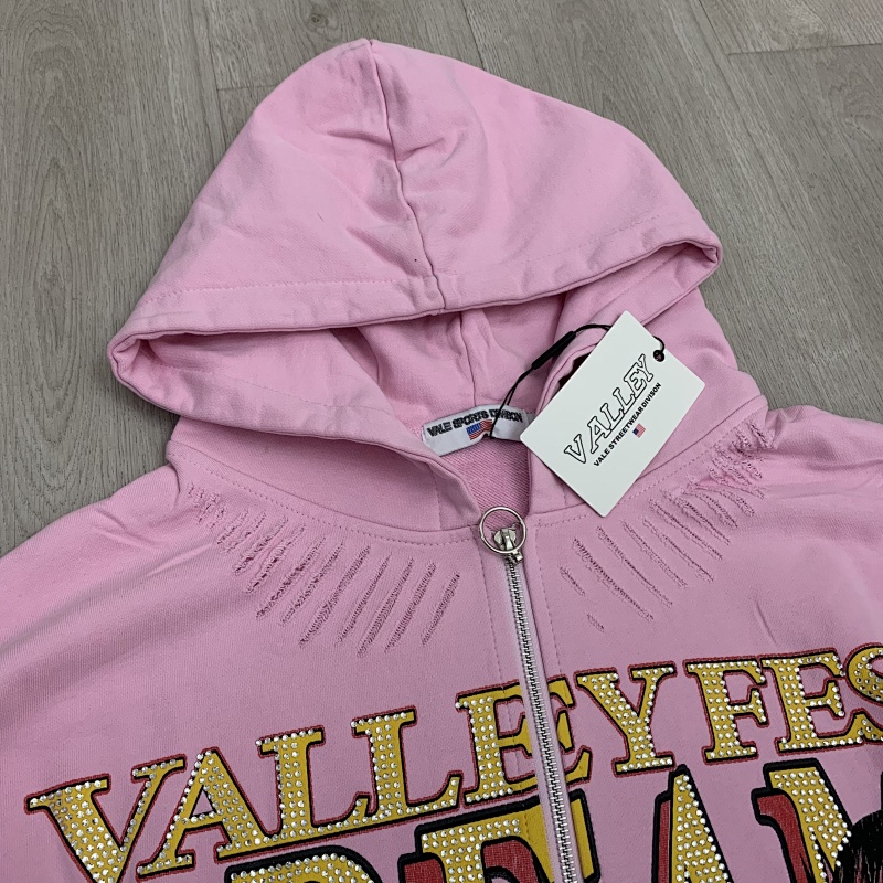 V125# P128 Vale  DREAM VALLEY Zip Up Hoodie烫钻粉色开衫卫衣