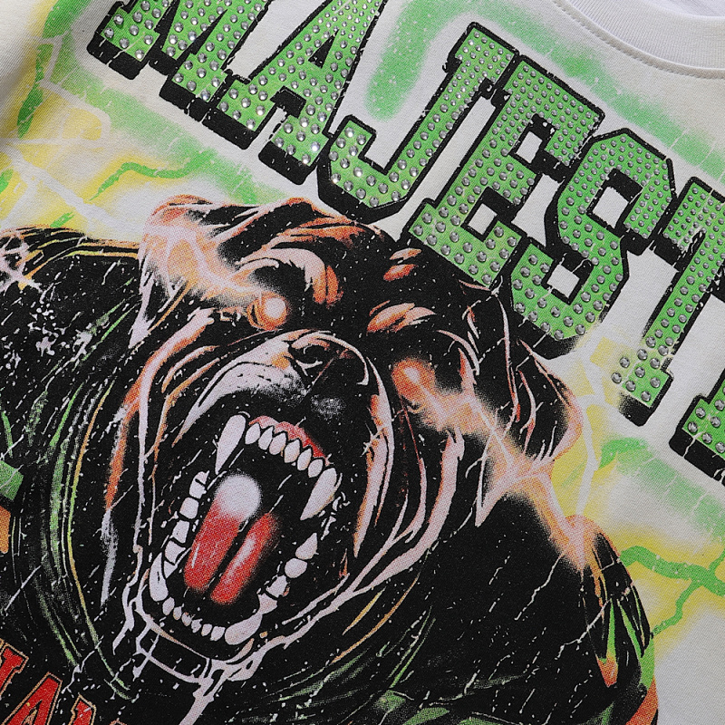 编号MA019，批67，MAJESTIK The World Dogg Graphic烫钻做旧短袖