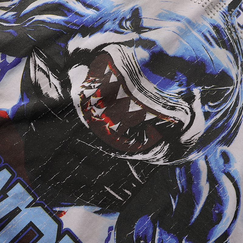 编号MA018，批67，MAJESTIK The World Shark Graphic烫钻做旧短袖