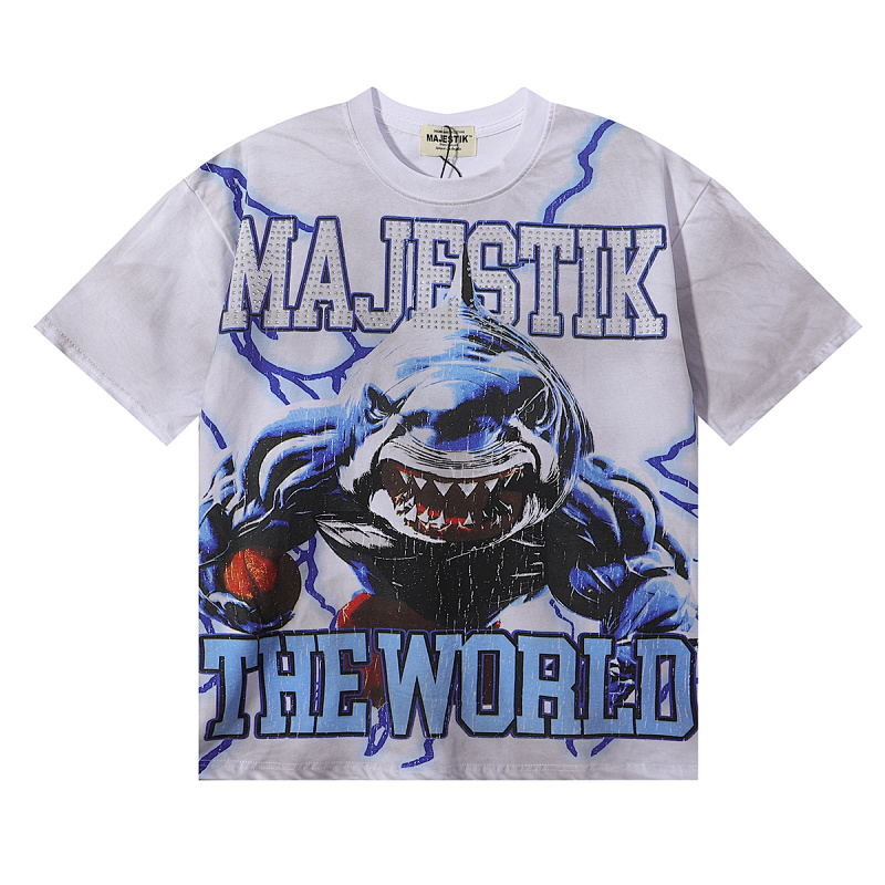 编号MA018，批67，MAJESTIK The World Shark Graphic烫钻做旧短袖