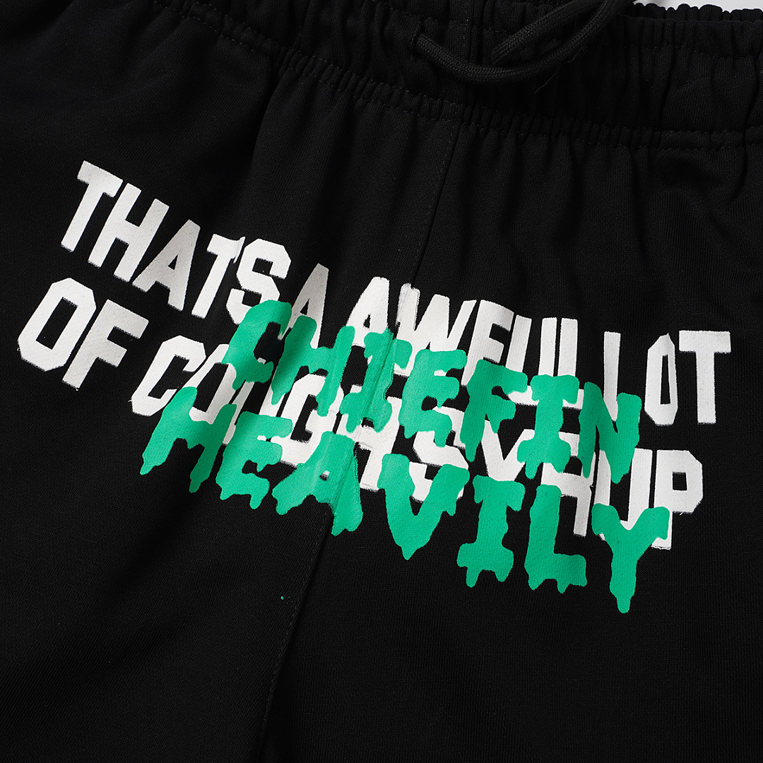 T2507#短裤｜P66 THAT'S A AWFUL LOT OF COUGH SYRUP 现货实拍 美式简约 休闲短裤 面料（fabric):纯棉卫衣毛圈380克 码数（size）：S-M- L-