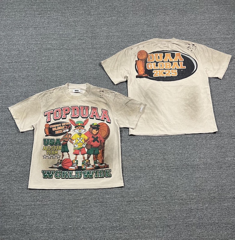 编号727 #P75 DUAA New Age T-shirt 2026ss欧美最新潮牌白墨直喷烫钻洗水做旧短袖T恤 码数：S  M  L  XL