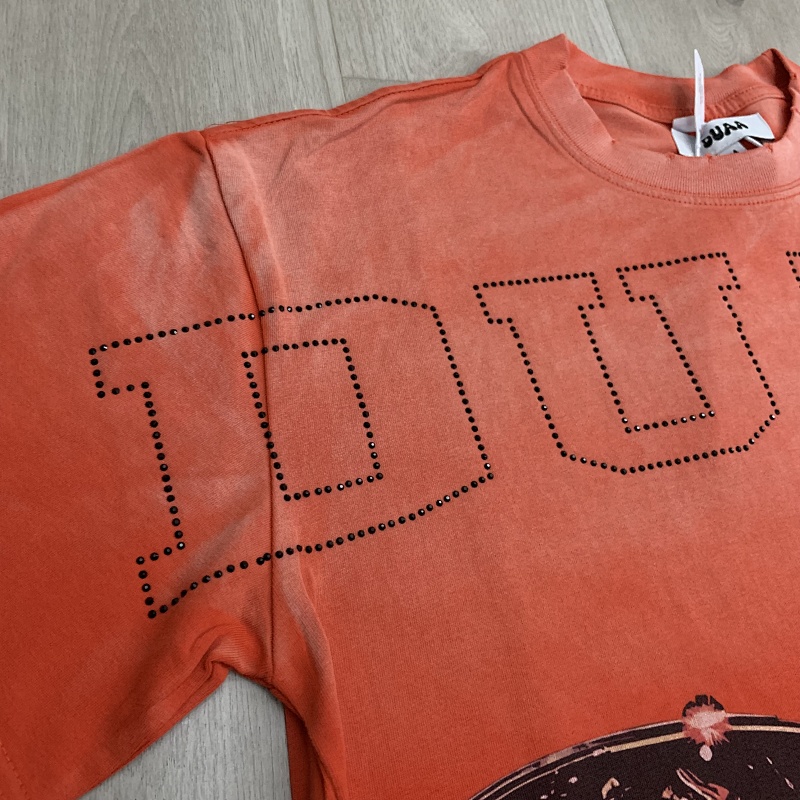 DU108# P68  DUAA Trophies T-shirt美国街头潮牌烫钻洗水做旧破洞短袖T恤