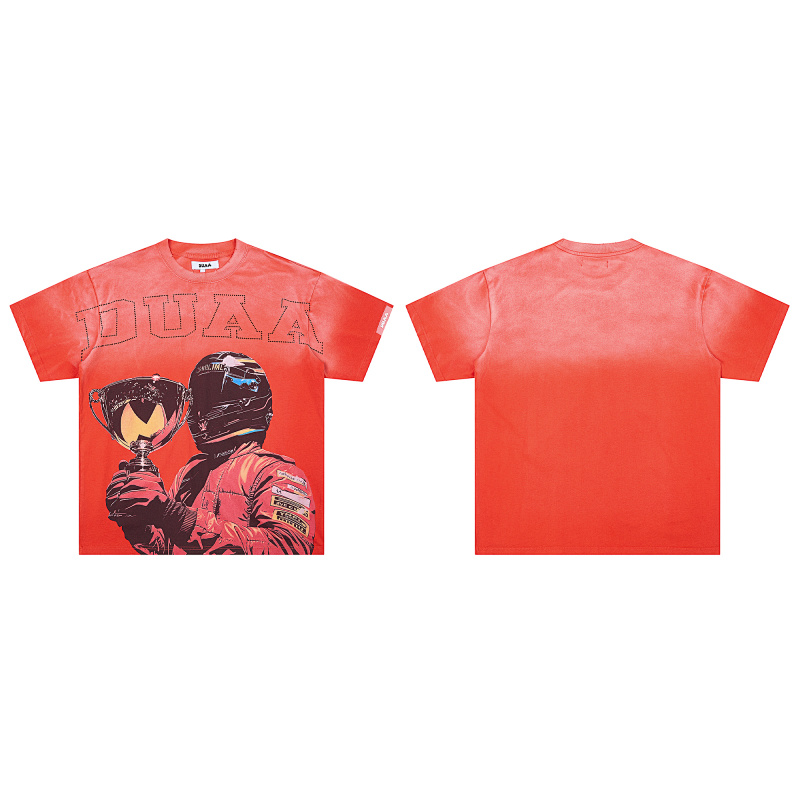 DU108# P68  DUAA Trophies T-shirt美国街头潮牌烫钻洗水做旧破洞短袖T恤