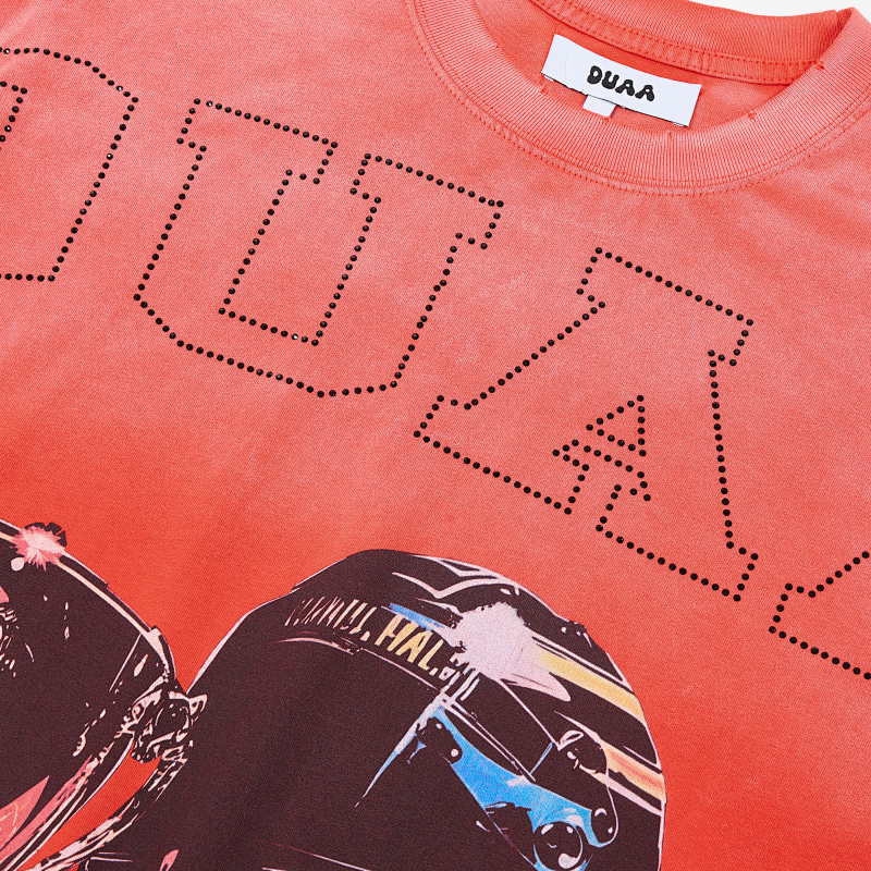 DU108# P68  DUAA Trophies T-shirt美国街头潮牌烫钻洗水做旧破洞短袖T恤