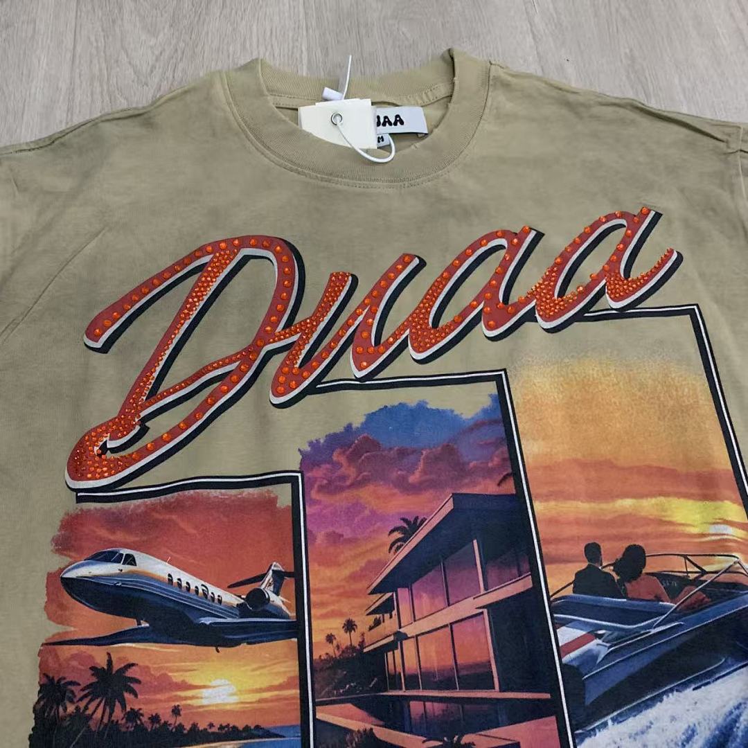 DU202# P75 DUAA All Risk T-shirt白墨直喷烫钻高品质潮牌短袖T恤