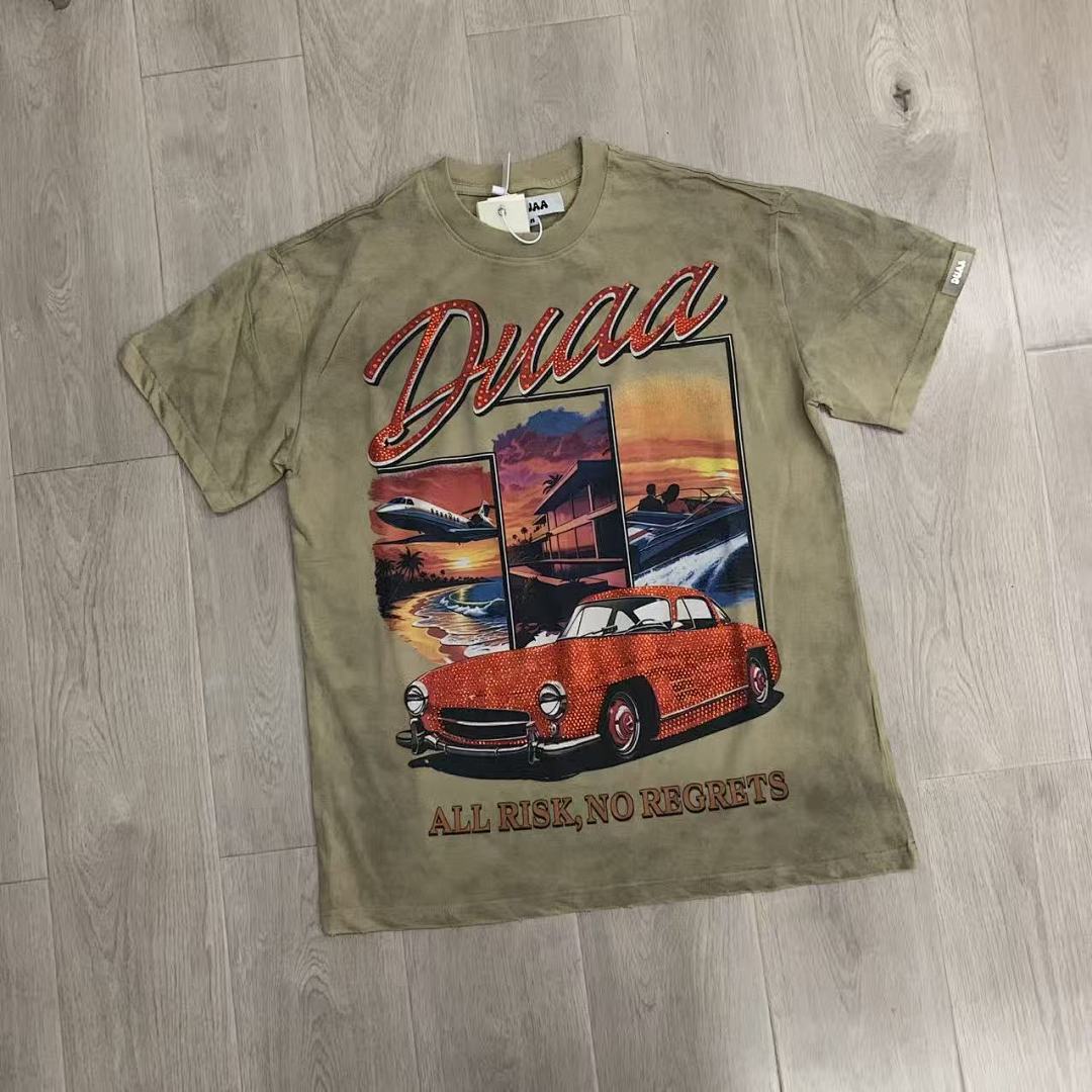DU202# P75 DUAA All Risk T-shirt白墨直喷烫钻高品质潮牌短袖T恤