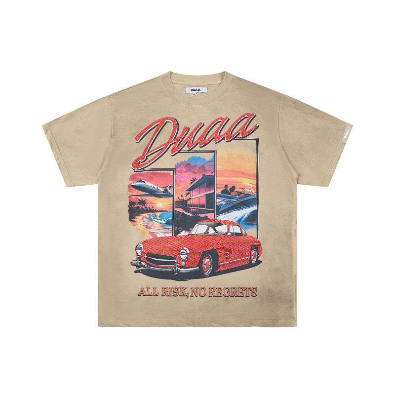 DU202# P75 DUAA All Risk T-shirt白墨直喷烫钻高品质潮牌短袖T恤