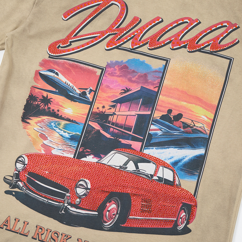 DU202# P75 DUAA All Risk T-shirt白墨直喷烫钻高品质潮牌短袖T恤