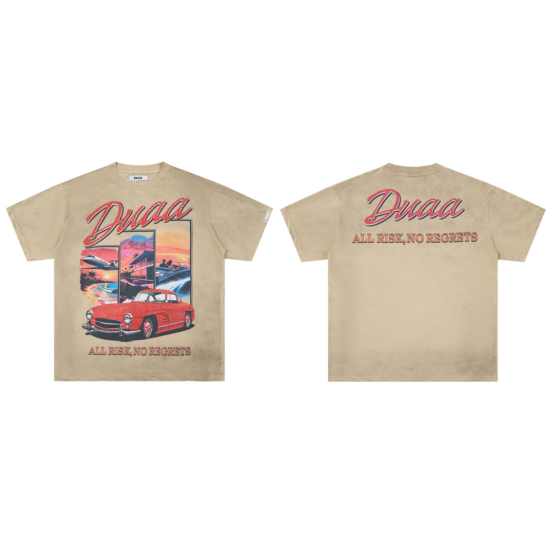 DU202# P75 DUAA All Risk T-shirt白墨直喷烫钻高品质潮牌短袖T恤