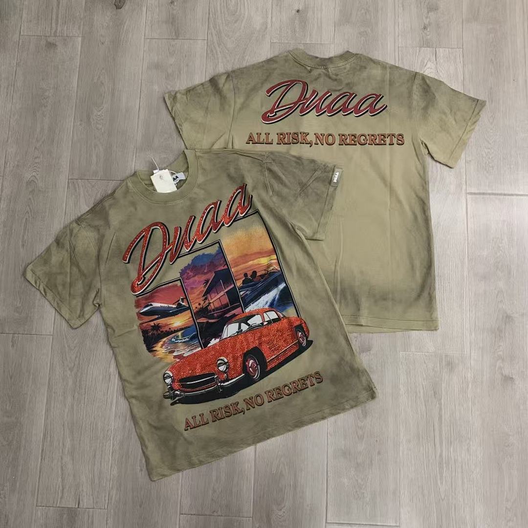 DU202# P75 DUAA All Risk T-shirt白墨直喷烫钻高品质潮牌短袖T恤
