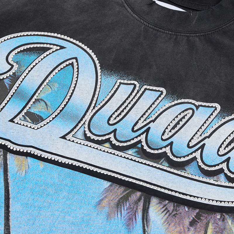 DU201# P70  DUAA Destination crystal graphic T-shirt洗水做旧破洞烫钻街头潮牌短袖T恤