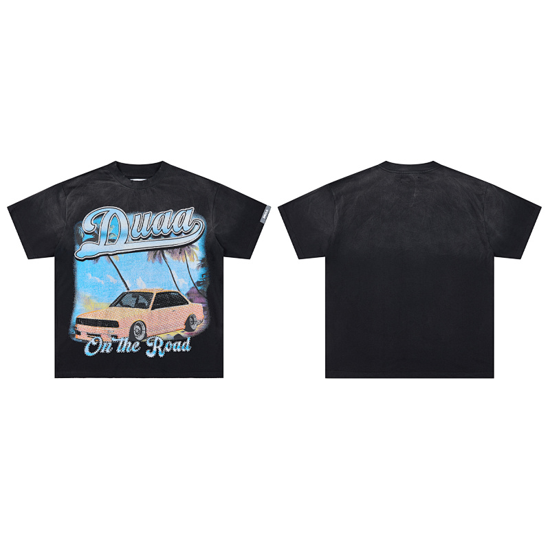DU201# P70  DUAA Destination crystal graphic T-shirt洗水做旧破洞烫钻街头潮牌短袖T恤