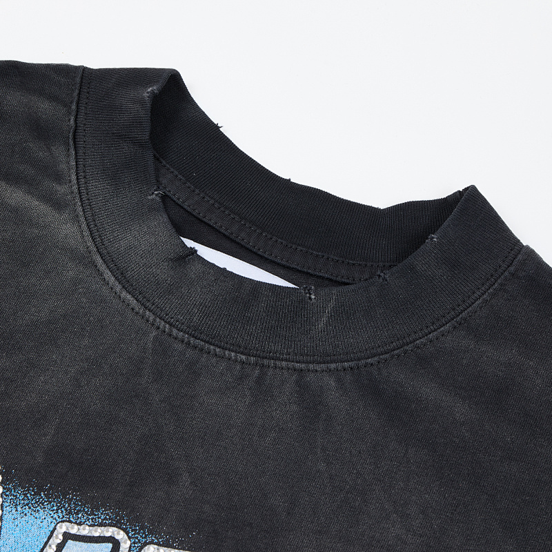 DU201# P70  DUAA Destination crystal graphic T-shirt洗水做旧破洞烫钻街头潮牌短袖T恤