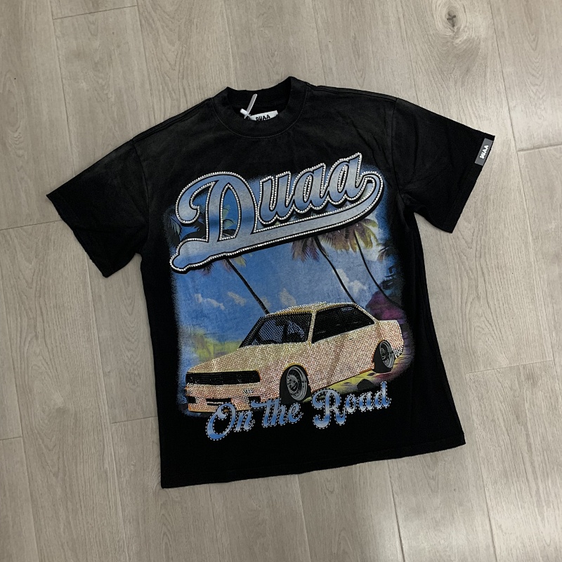 DU201# P70  DUAA Destination crystal graphic T-shirt洗水做旧破洞烫钻街头潮牌短袖T恤