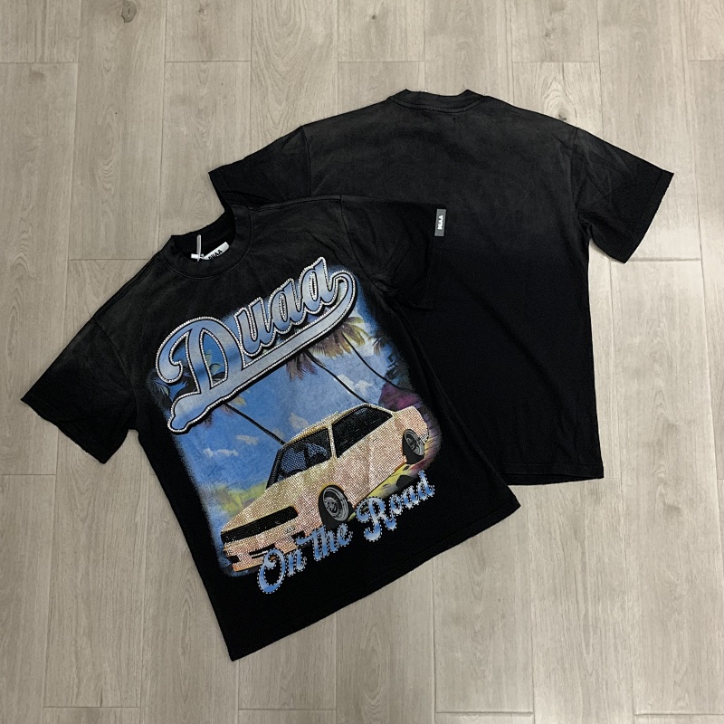 DU201# P70  DUAA Destination crystal graphic T-shirt洗水做旧破洞烫钻街头潮牌短袖T恤