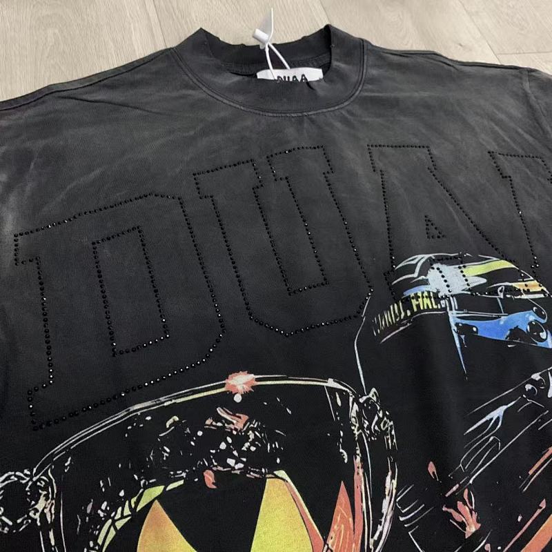 DU103# P65 DUAA Trophies T-shirt美国街头潮牌烫钻洗水做旧破洞短袖T恤