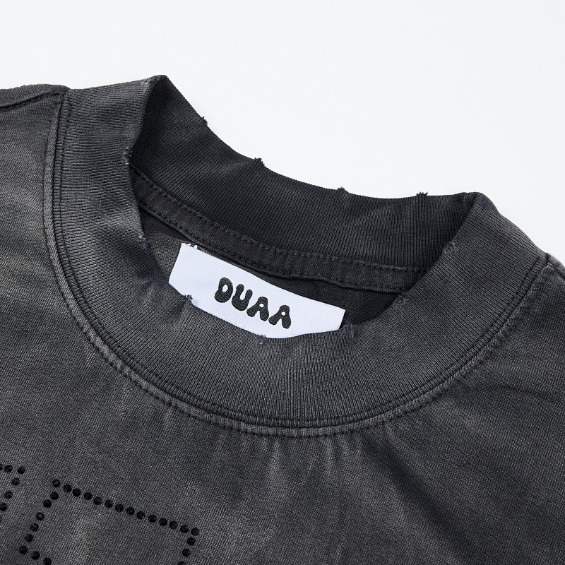 DU103# P65 DUAA Trophies T-shirt美国街头潮牌烫钻洗水做旧破洞短袖T恤