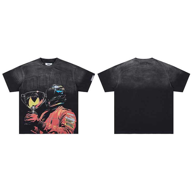 DU103# P65 DUAA Trophies T-shirt美国街头潮牌烫钻洗水做旧破洞短袖T恤
