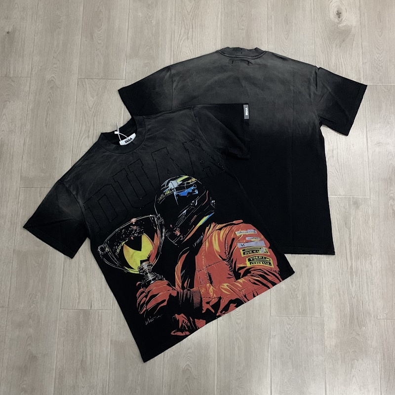 DU103# P65 DUAA Trophies T-shirt美国街头潮牌烫钻洗水做旧破洞短袖T恤