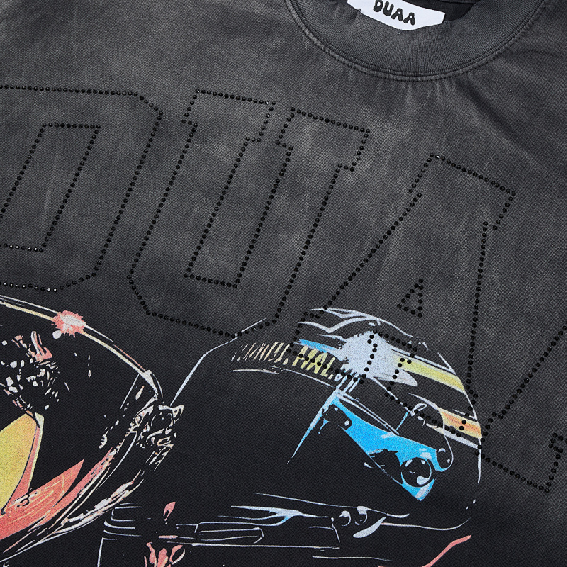 DU103# P65 DUAA Trophies T-shirt美国街头潮牌烫钻洗水做旧破洞短袖T恤