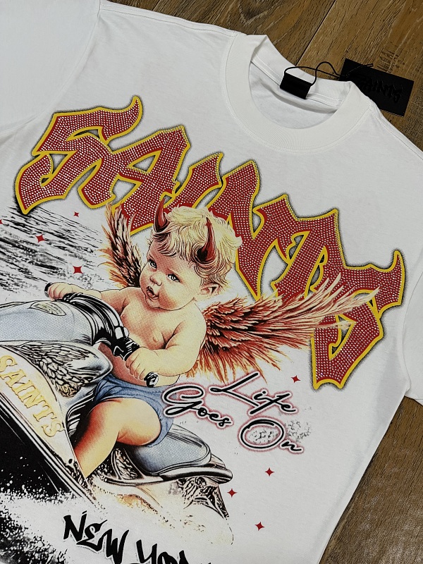 编号301    批55   SAINTS Champion T-Shirt 2026美国洛杉矶最新街头潮牌印花烫钻短袖T恤 码数：S  M  L  XL