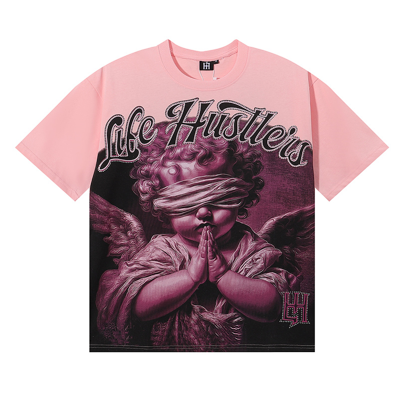 批56，编号LH020，Life Hustlers "Blind Baby"祈祷粉色烫钻纯棉双纱短袖T恤男女