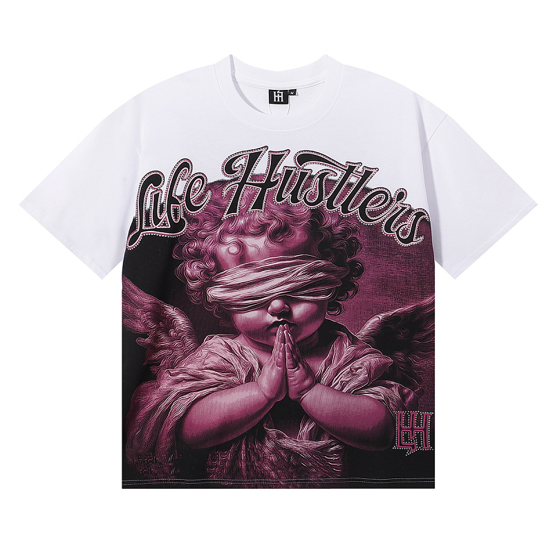 批56，编号LH020，Life Hustlers "Blind Baby"祈祷粉色烫钻纯棉双纱短袖T恤男女