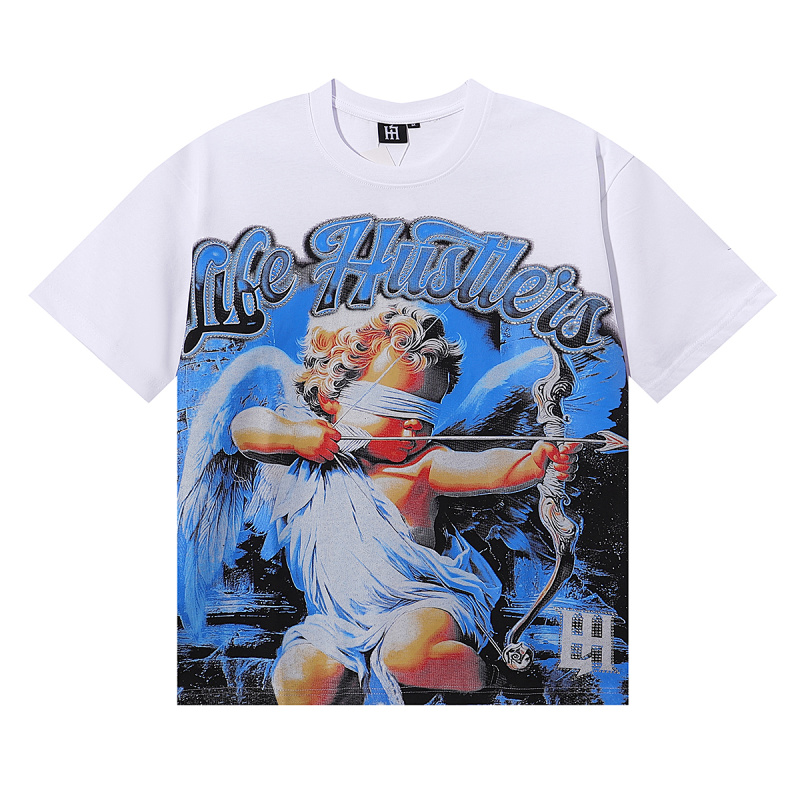 编号LH001，美潮Life Hustlers蒙面天使射箭印花烫钻设计高品质双纱纯棉休闲短袖T恤男女