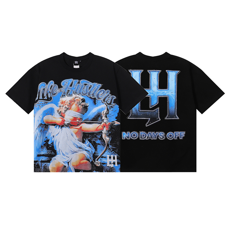 编号LH001，美潮Life Hustlers蒙面天使射箭印花烫钻设计高品质双纱纯棉休闲短袖T恤男女