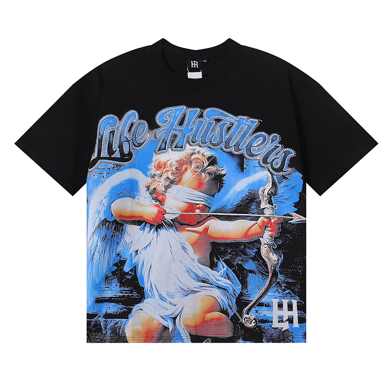 编号LH001，美潮Life Hustlers蒙面天使射箭印花烫钻设计高品质双纱纯棉休闲短袖T恤男女