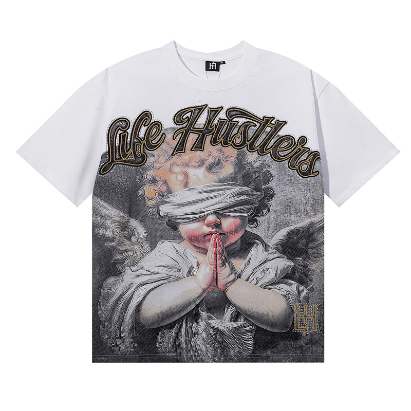 编号LH002，美潮Life Hustlers合十祈祷天使宝宝印花烫钻高品质双纱纯棉休闲短袖T恤男女