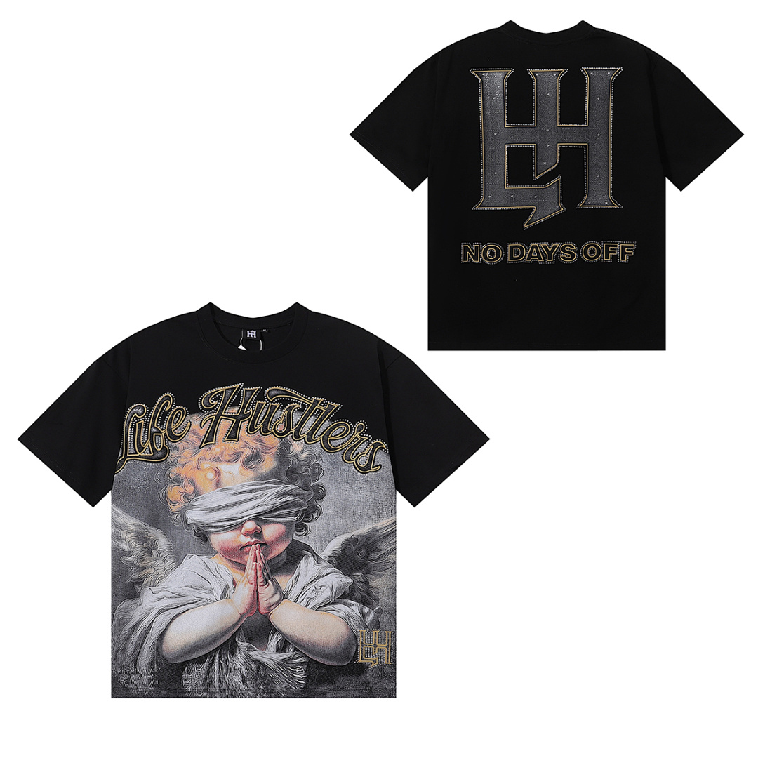 编号LH002，美潮Life Hustlers合十祈祷天使宝宝印花烫钻高品质双纱纯棉休闲短袖T恤男女