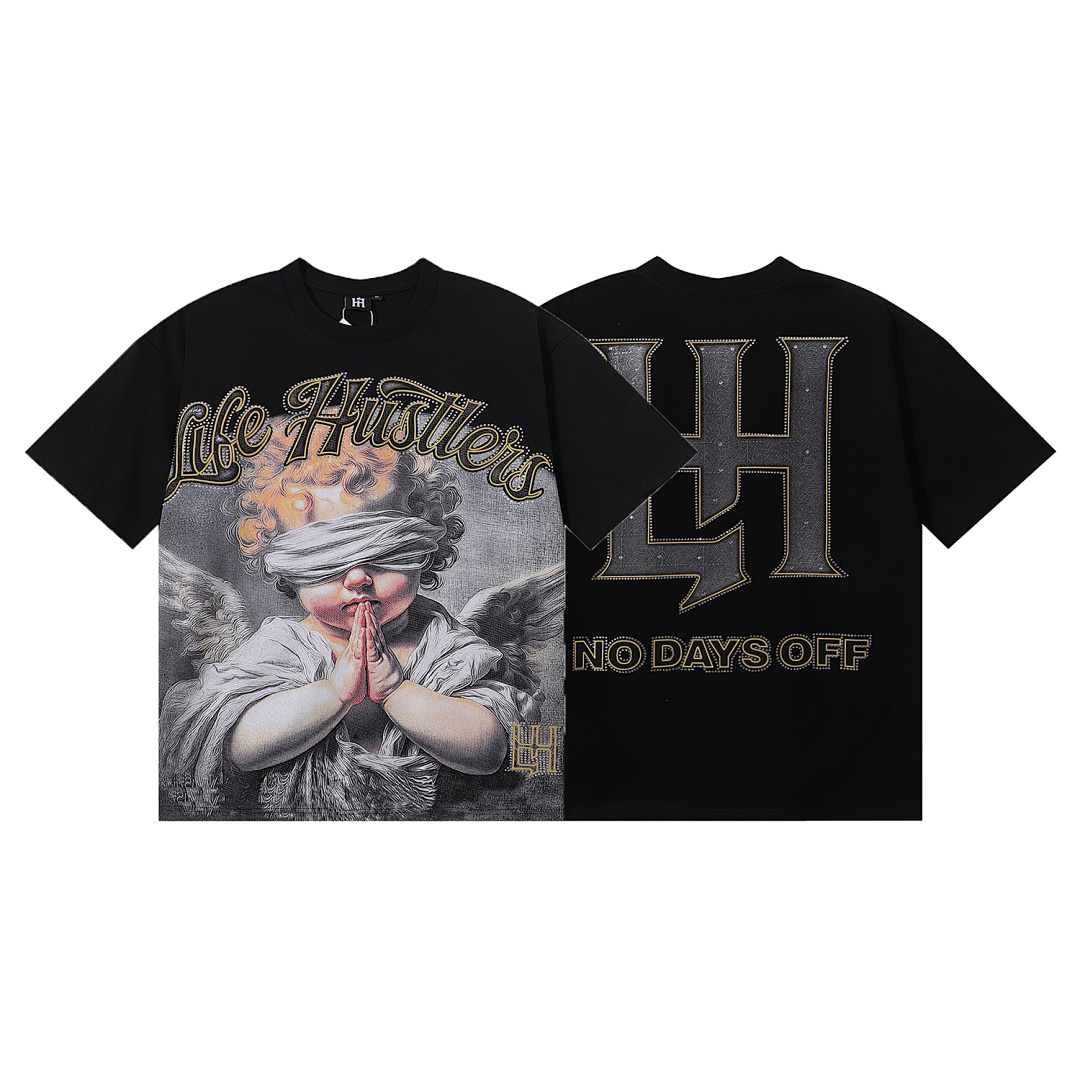 编号LH002，美潮Life Hustlers合十祈祷天使宝宝印花烫钻高品质双纱纯棉休闲短袖T恤男女
