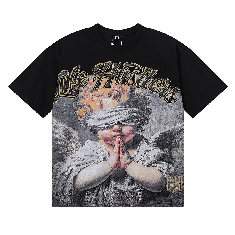 编号LH002，美潮Life Hustlers合十祈祷天使宝宝印花烫钻高品质双纱纯棉休闲短袖T恤男女