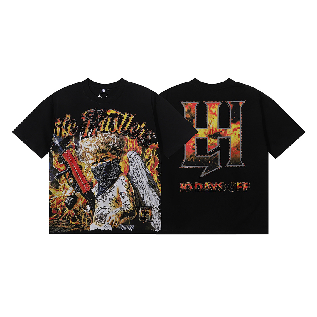 编号LH003，美潮Life Hustlers蒙面纹身天使枪械印花烫钻