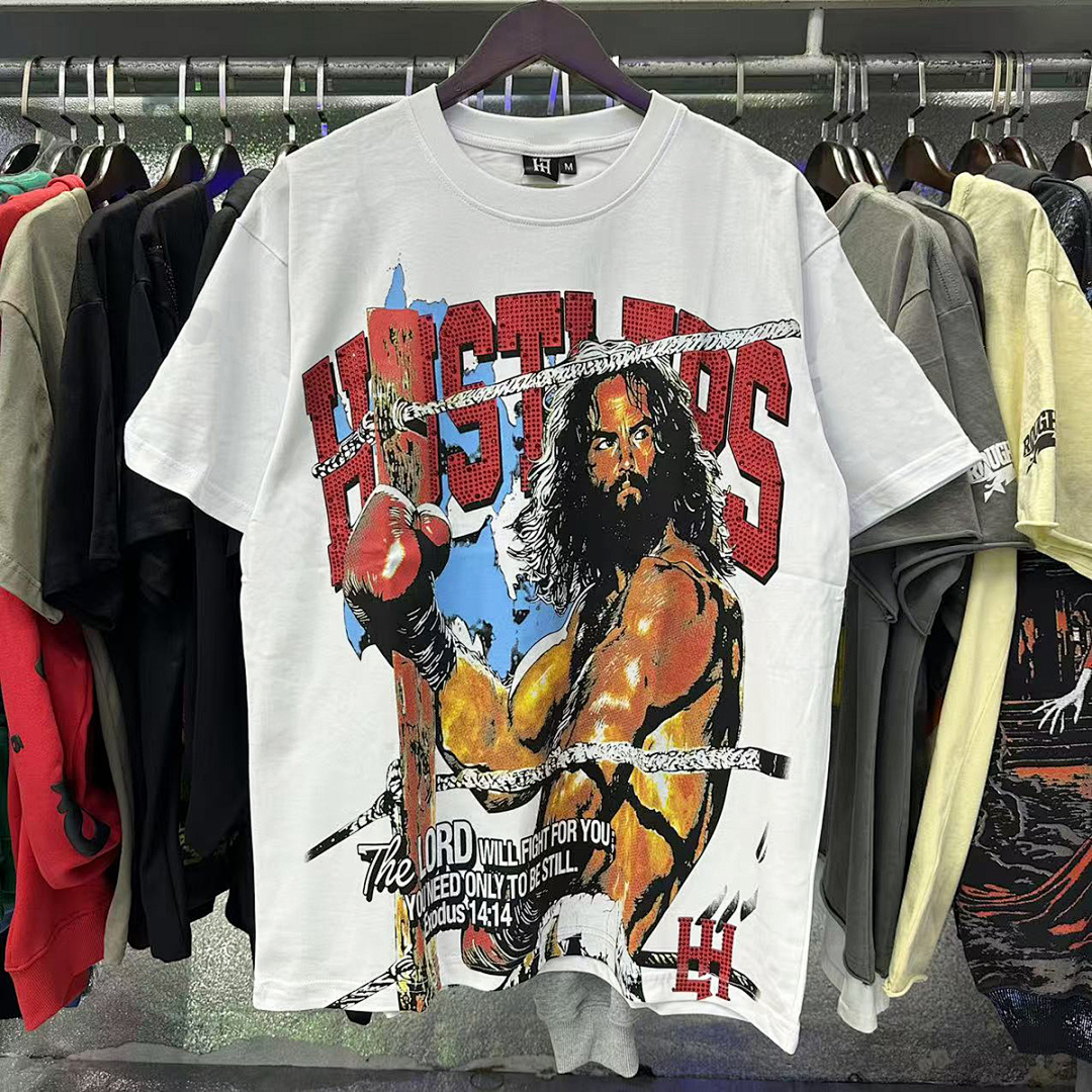 批60，编号LH005，Life Hustlers "Jesus King"拳击皇帝烫钻双纱短袖T恤男女