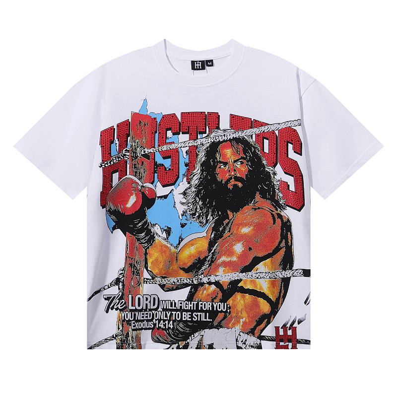 批60，编号LH005，Life Hustlers "Jesus King"拳击皇帝烫钻双纱短袖T恤男女