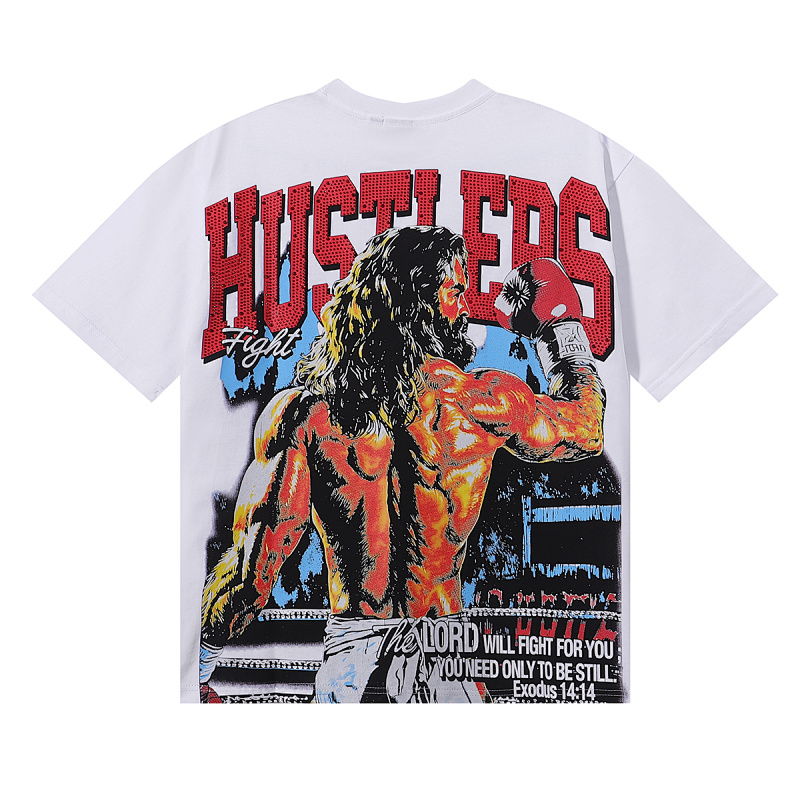 批60，编号LH005，Life Hustlers "Jesus King"拳击皇帝烫钻双纱短袖T恤男女