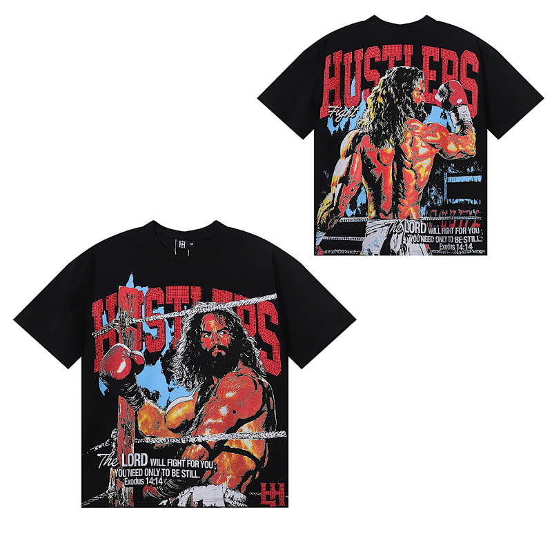批60，编号LH005，Life Hustlers "Jesus King"拳击皇帝烫钻双纱短袖T恤男女