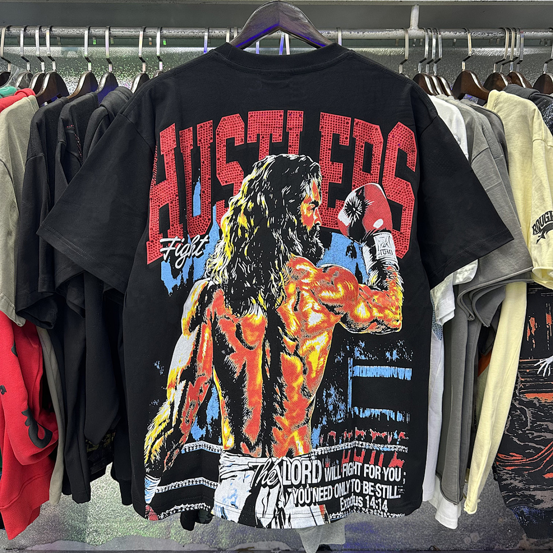 批60，编号LH005，Life Hustlers "Jesus King"拳击皇帝烫钻双纱短袖T恤男女