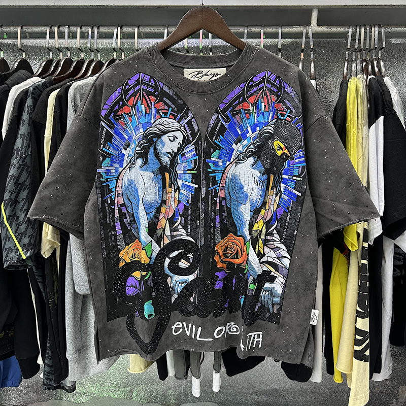 编号BK010，P75 BKYS Saint F-Terry Cropped T-shirt烫钻Saint毛圈短袖