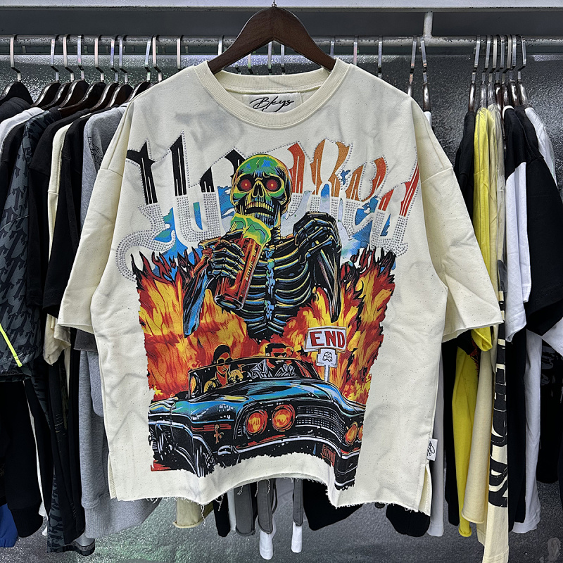 编号BK009，P75,BKYS Hooked F-Terry Cropped T-shirt烫钻骷髅汽车印花