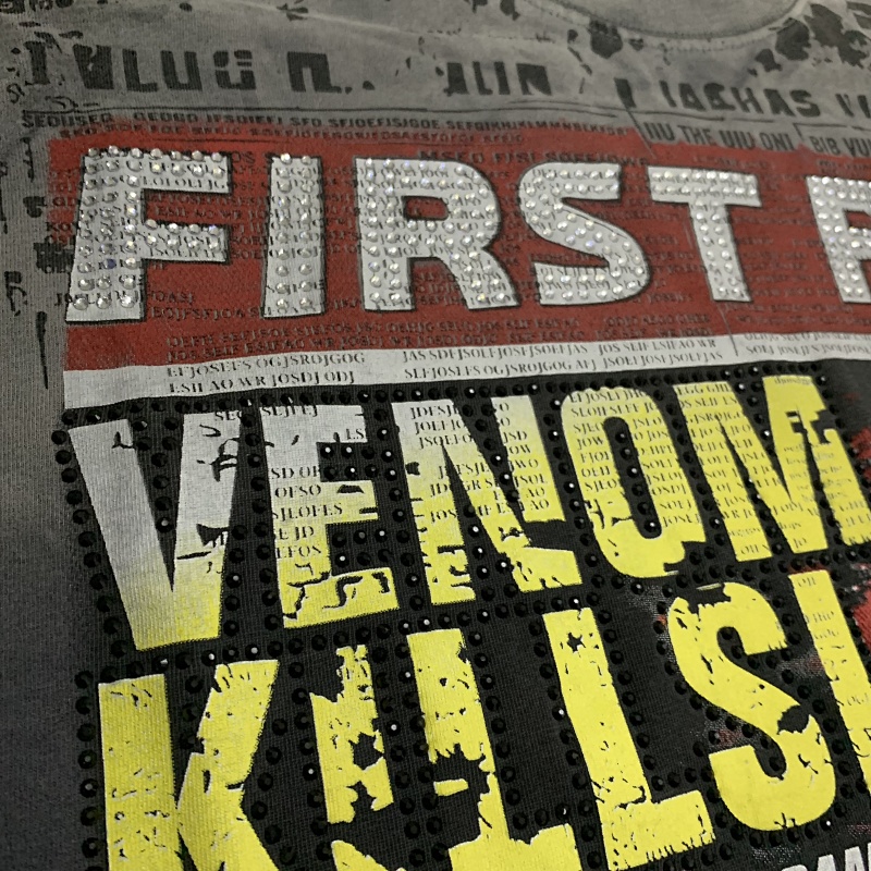 F507# P67 FIRST ROW Breaking News Venom Kills Cropped Tee 2026SS烫钻洗水做旧纯棉短袖T恤